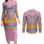 Rainbow Ngaru Taniko With Aotearoa Maori Tattoo Couples Matching Long Sleeve Bodycon Dress and Long Sleeve Button Shirt