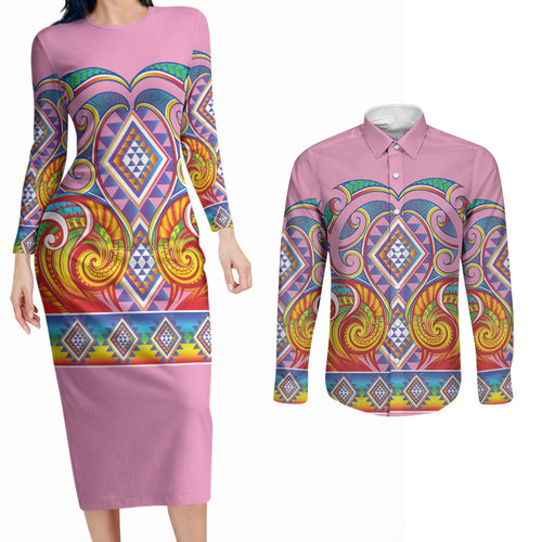 Rainbow Ngaru Taniko With Aotearoa Maori Tattoo Couples Matching Long Sleeve Bodycon Dress and Long Sleeve Button Shirt