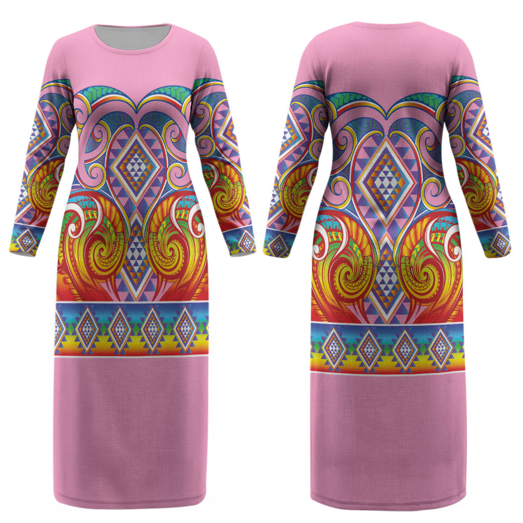 Rainbow Ngaru Taniko With Aotearoa Maori Tattoo Couples Matching Long Sleeve Bodycon Dress and Long Sleeve Button Shirt