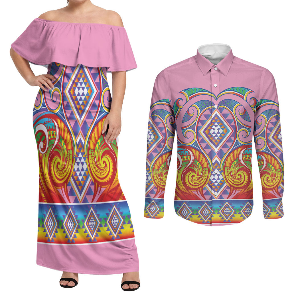 Rainbow Ngaru Taniko With Aotearoa Maori Tattoo Couples Matching Off Shoulder Maxi Dress and Long Sleeve Button Shirt