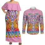 Rainbow Ngaru Taniko With Aotearoa Maori Tattoo Couples Matching Off Shoulder Maxi Dress and Long Sleeve Button Shirt