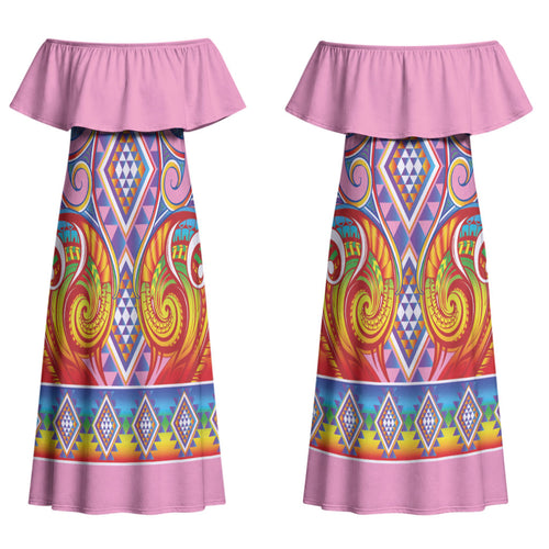 Rainbow Ngaru Taniko With Aotearoa Maori Tattoo Couples Matching Off Shoulder Maxi Dress and Long Sleeve Button Shirt