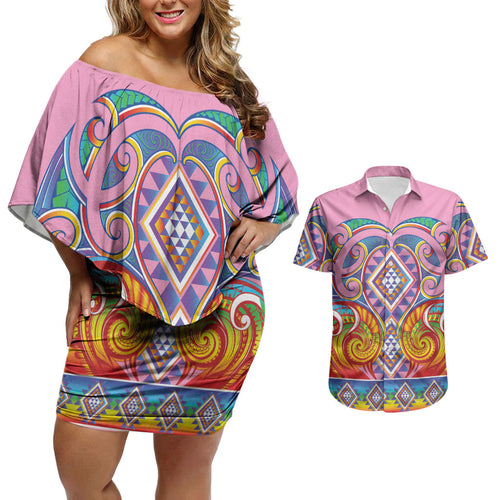 Rainbow Ngaru Taniko With Aotearoa Maori Tattoo Couples Matching Off Shoulder Short Dress and Hawaiian Shirt