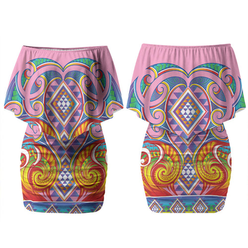 Rainbow Ngaru Taniko With Aotearoa Maori Tattoo Couples Matching Off Shoulder Short Dress and Hawaiian Shirt