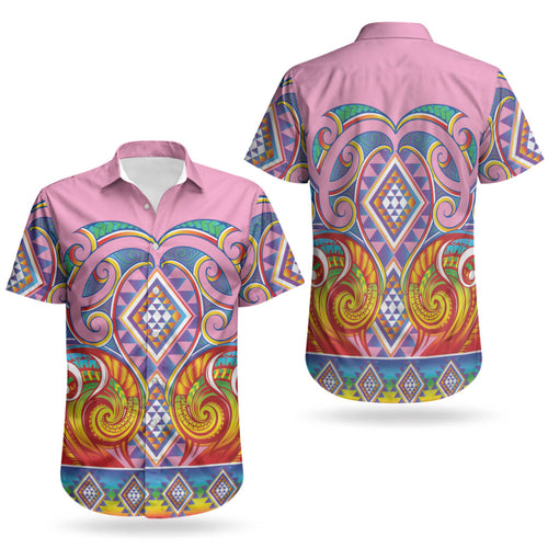 Rainbow Ngaru Taniko With Aotearoa Maori Tattoo Couples Matching Off Shoulder Short Dress and Hawaiian Shirt