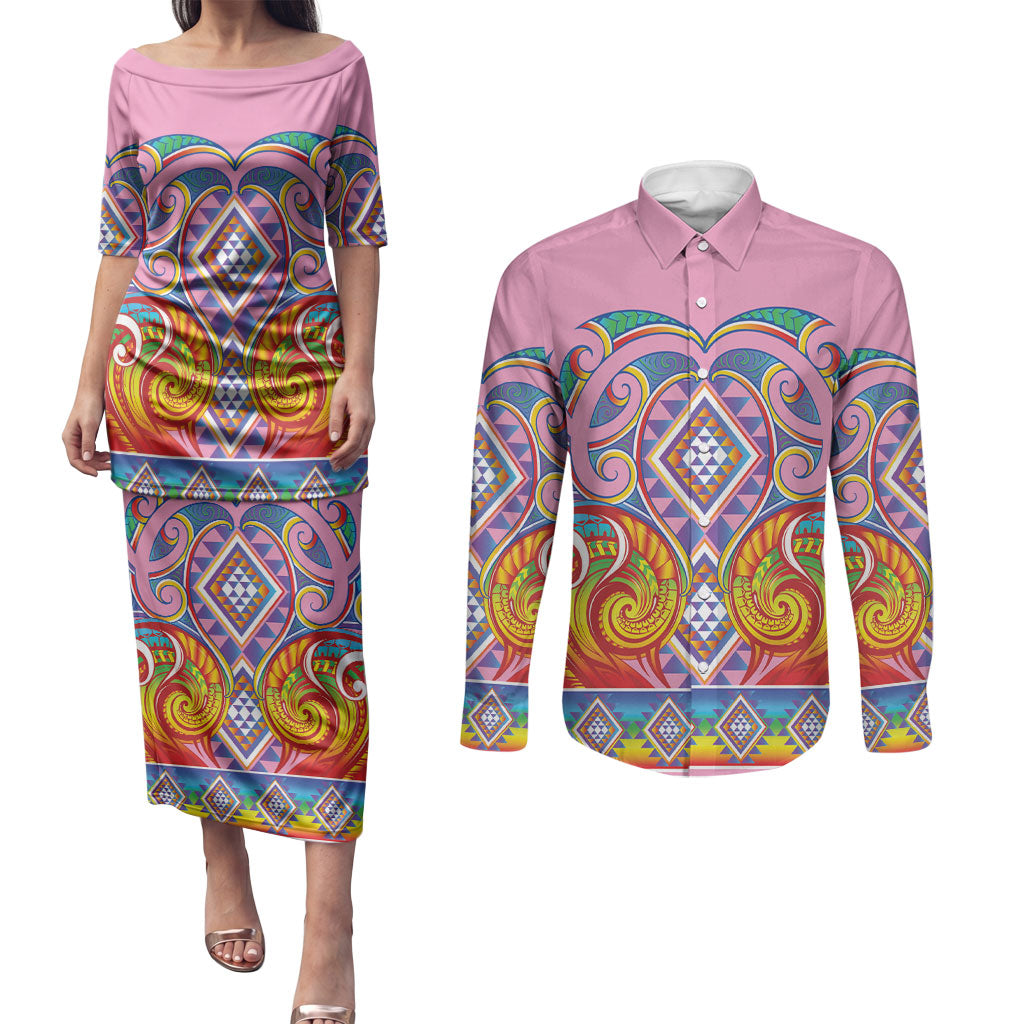 Rainbow Ngaru Taniko With Aotearoa Maori Tattoo Couples Matching Puletasi and Long Sleeve Button Shirt