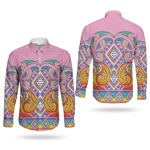 Rainbow Ngaru Taniko With Aotearoa Maori Tattoo Couples Matching Short Sleeve Bodycon Dress and Long Sleeve Button Shirt