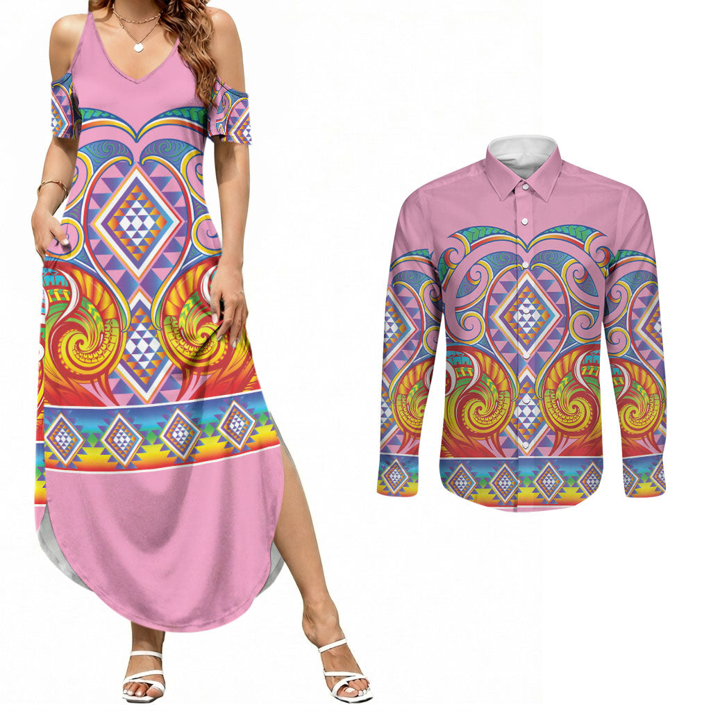 Rainbow Ngaru Taniko With Aotearoa Maori Tattoo Couples Matching Summer Maxi Dress and Long Sleeve Button Shirt