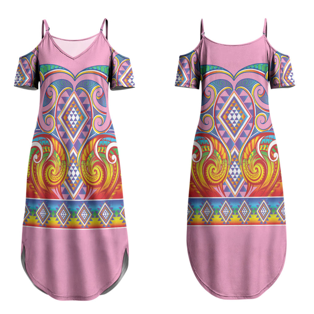 Rainbow Ngaru Taniko With Aotearoa Maori Tattoo Couples Matching Summer Maxi Dress and Long Sleeve Button Shirt