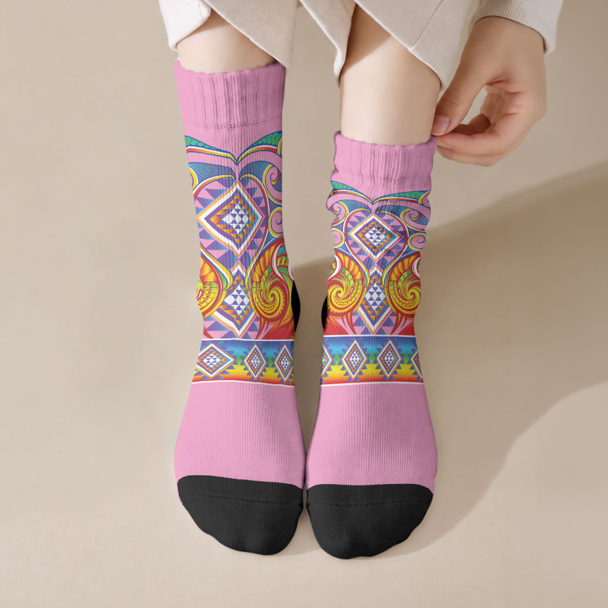 Rainbow Ngaru Taniko With Aotearoa Maori Tattoo Crew Socks