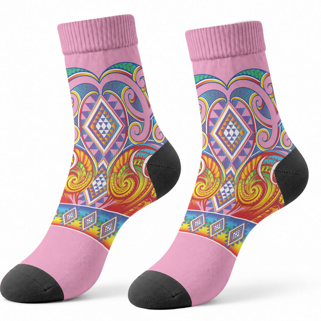 Rainbow Ngaru Taniko With Aotearoa Maori Tattoo Crew Socks