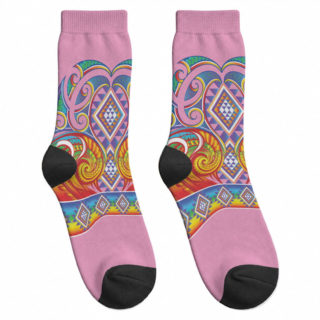 Rainbow Ngaru Taniko With Aotearoa Maori Tattoo Crew Socks