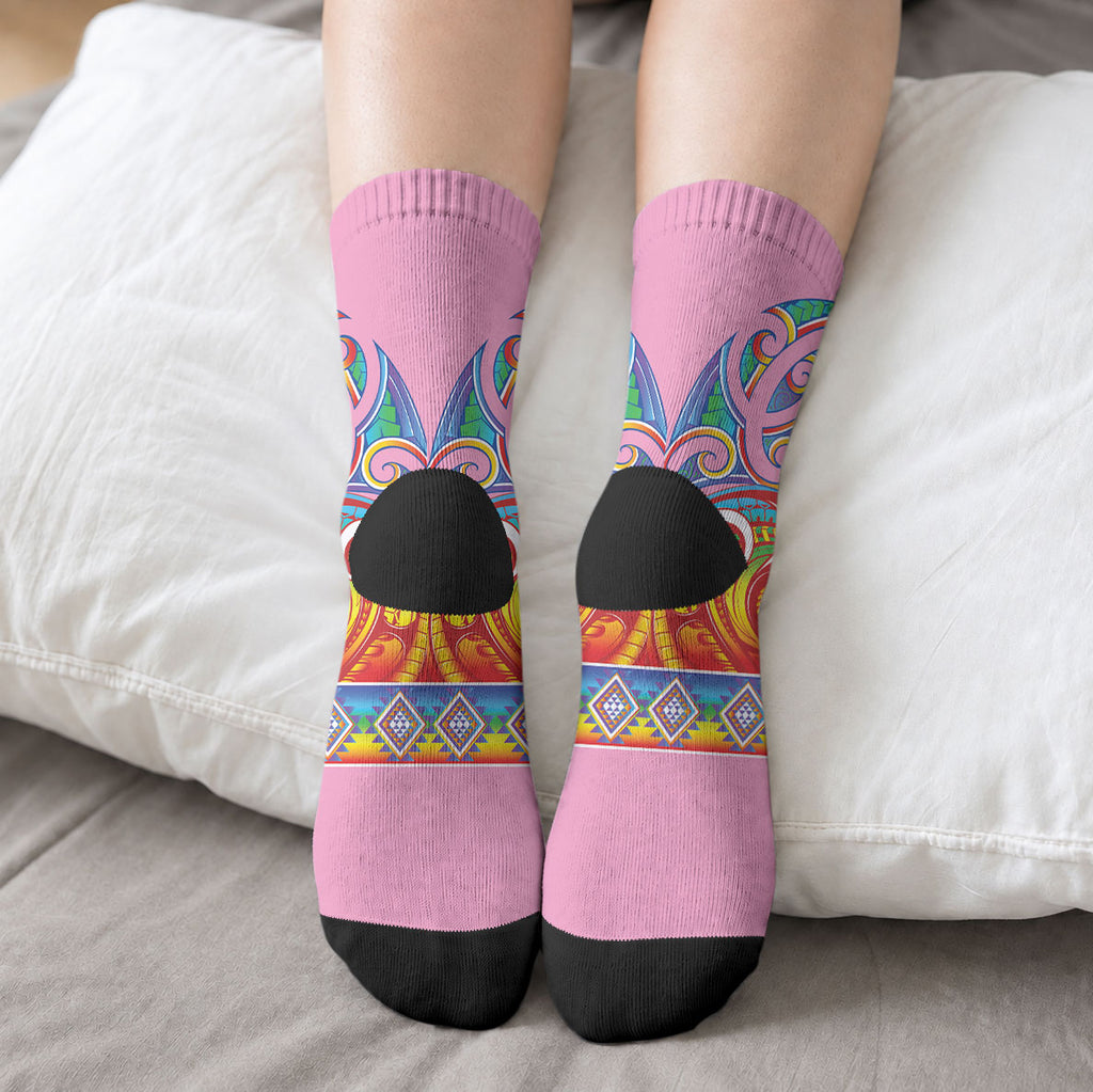 Rainbow Ngaru Taniko With Aotearoa Maori Tattoo Crew Socks