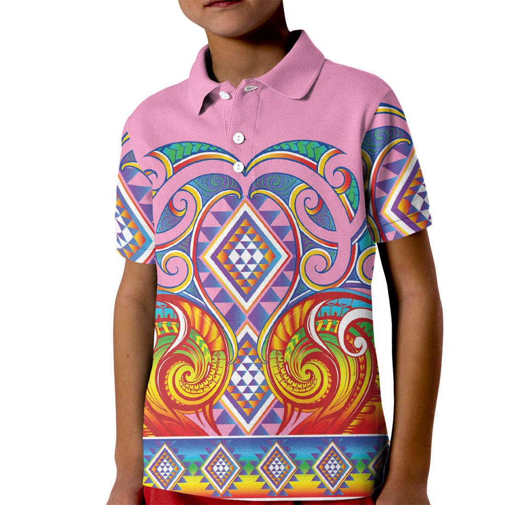 Rainbow Ngaru Taniko With Aotearoa Maori Tattoo Kid Polo Shirt
