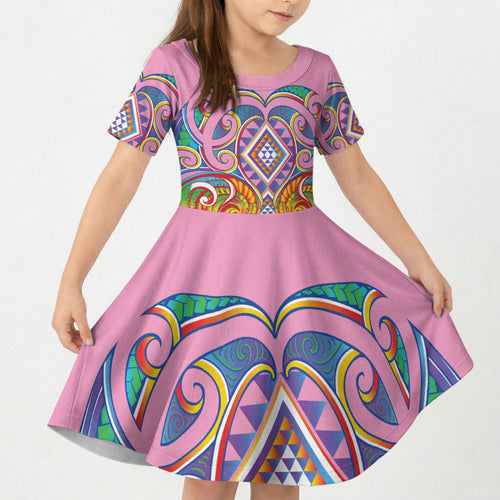 Rainbow Ngaru Taniko With Aotearoa Maori Tattoo Kid Short Sleeve Dress