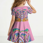 Rainbow Ngaru Taniko With Aotearoa Maori Tattoo Kid Short Sleeve Dress