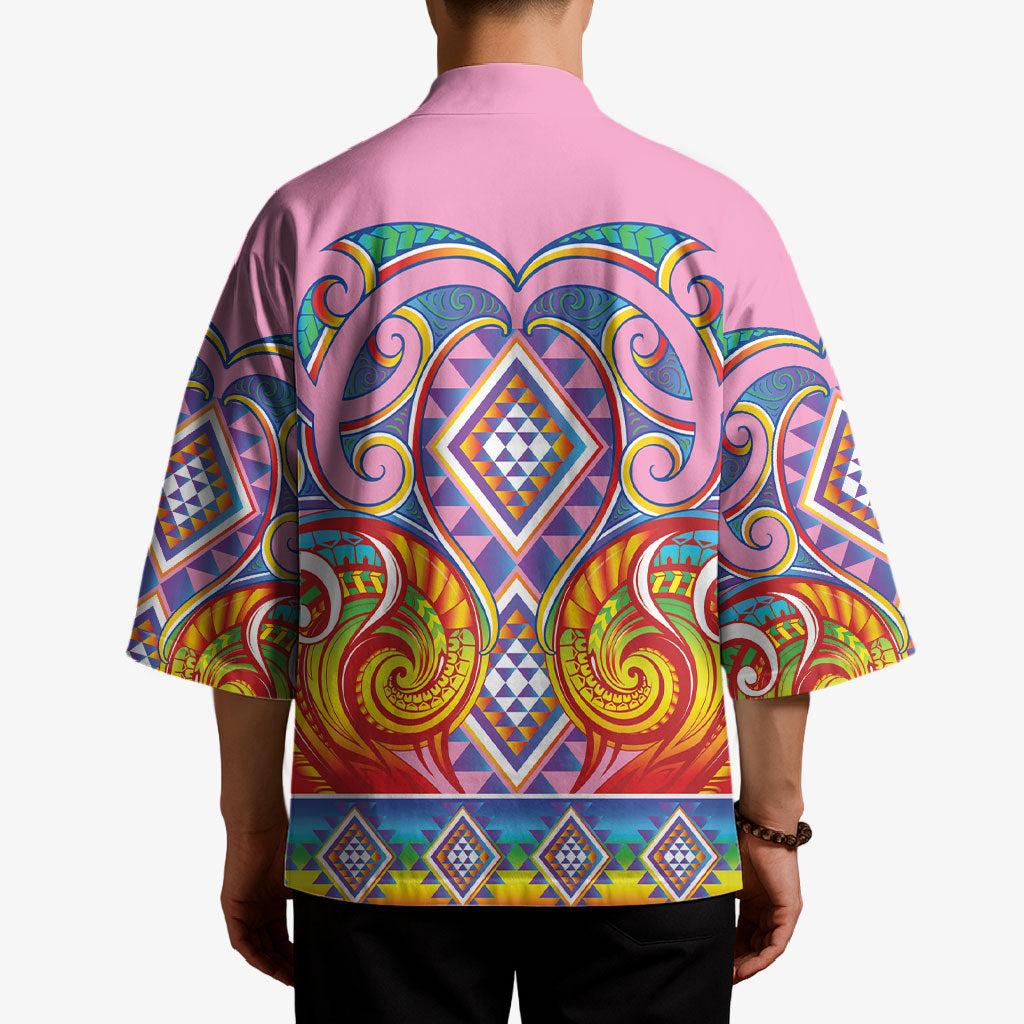 Rainbow Ngaru Taniko With Aotearoa Maori Tattoo Kimono