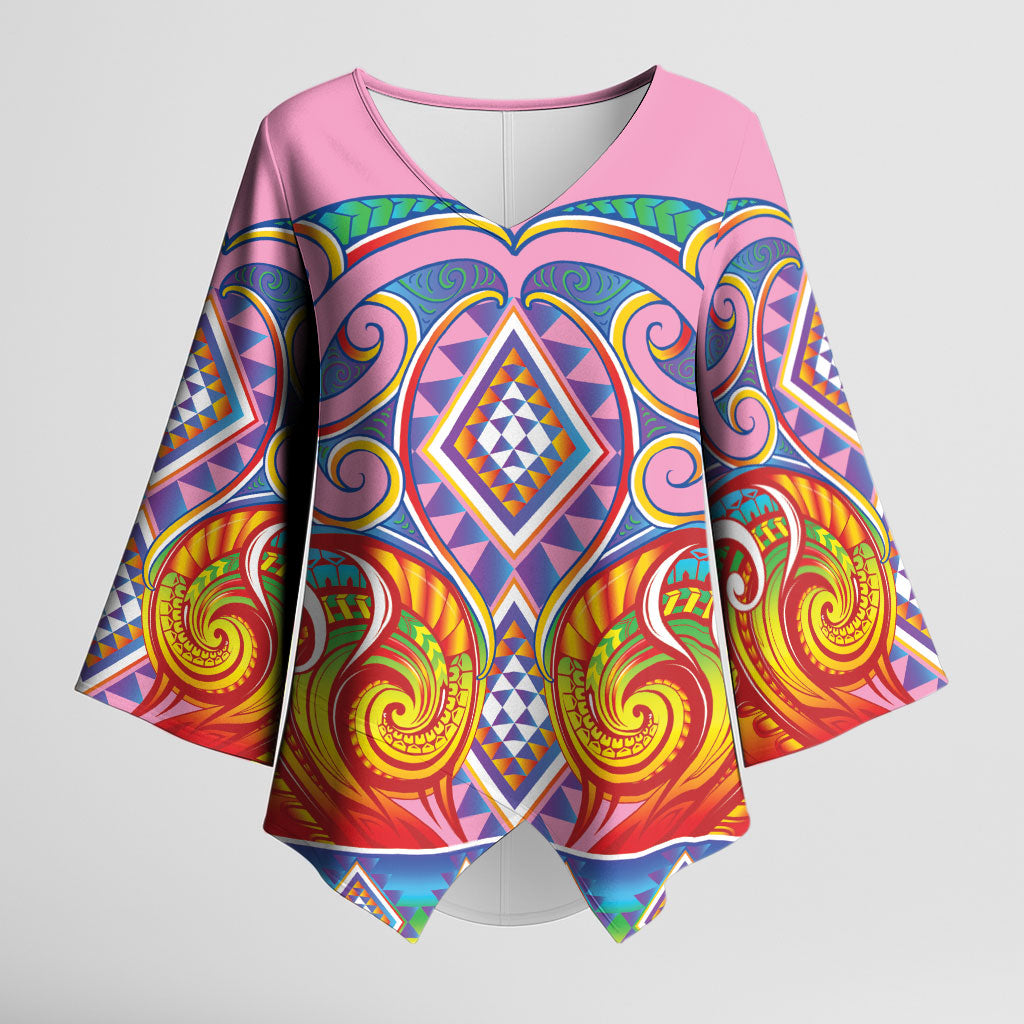 Rainbow Ngaru Taniko With Aotearoa Maori Tattoo Kimono Sleeve Blouse