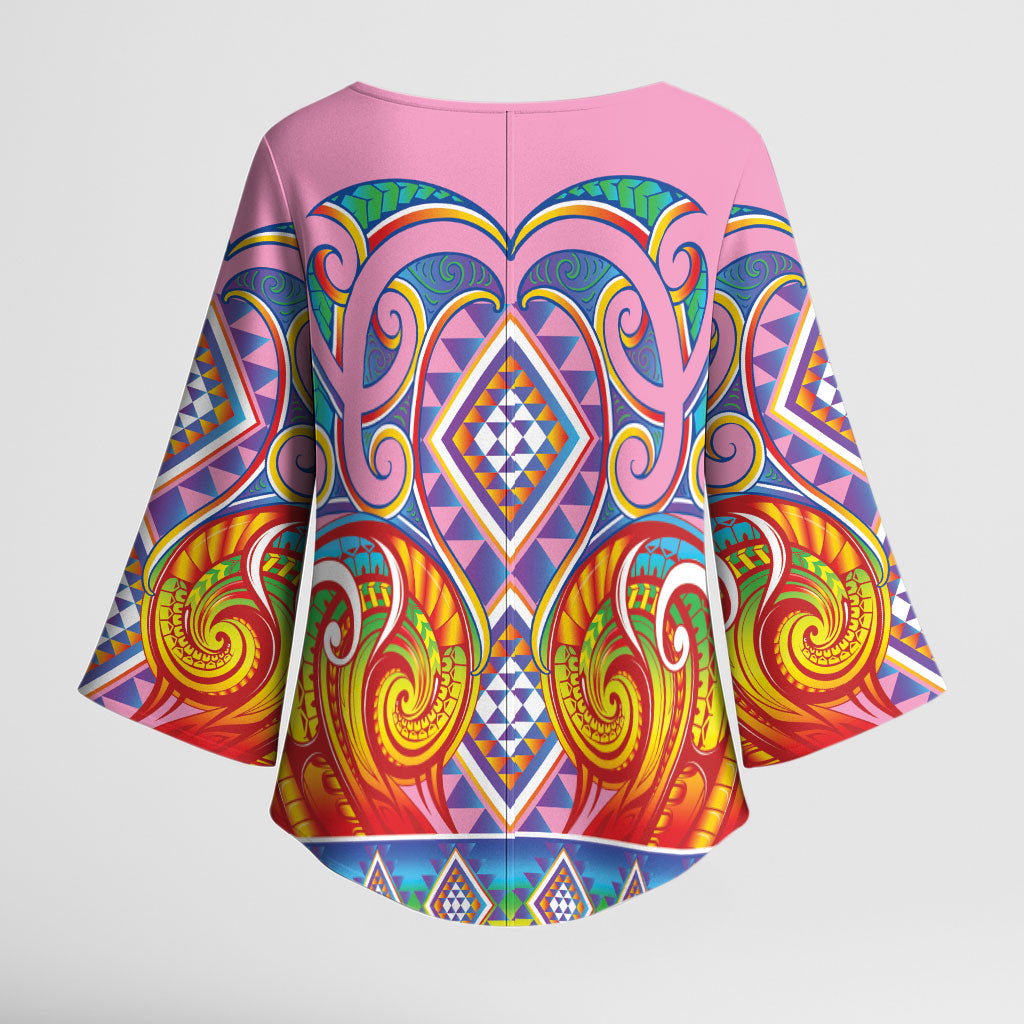 Rainbow Ngaru Taniko With Aotearoa Maori Tattoo Kimono Sleeve Blouse