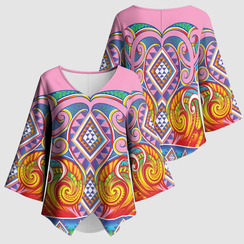 Rainbow Ngaru Taniko With Aotearoa Maori Tattoo Kimono Sleeve Blouse
