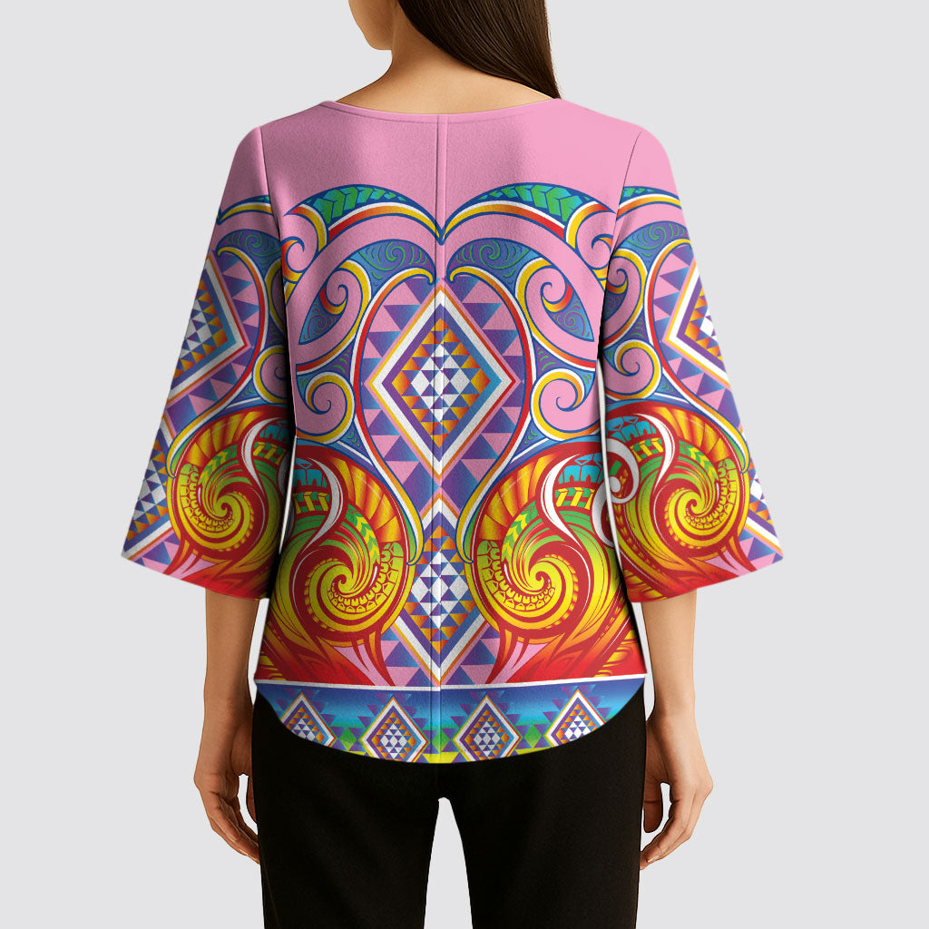 Rainbow Ngaru Taniko With Aotearoa Maori Tattoo Kimono Sleeve Blouse