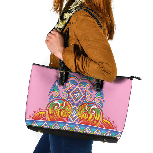 Rainbow Ngaru Taniko With Aotearoa Maori Tattoo Leather Tote Bag