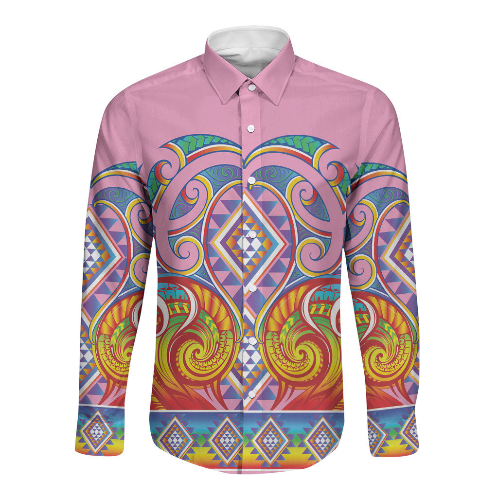 Rainbow Ngaru Taniko With Aotearoa Maori Tattoo Long Sleeve Button Shirt