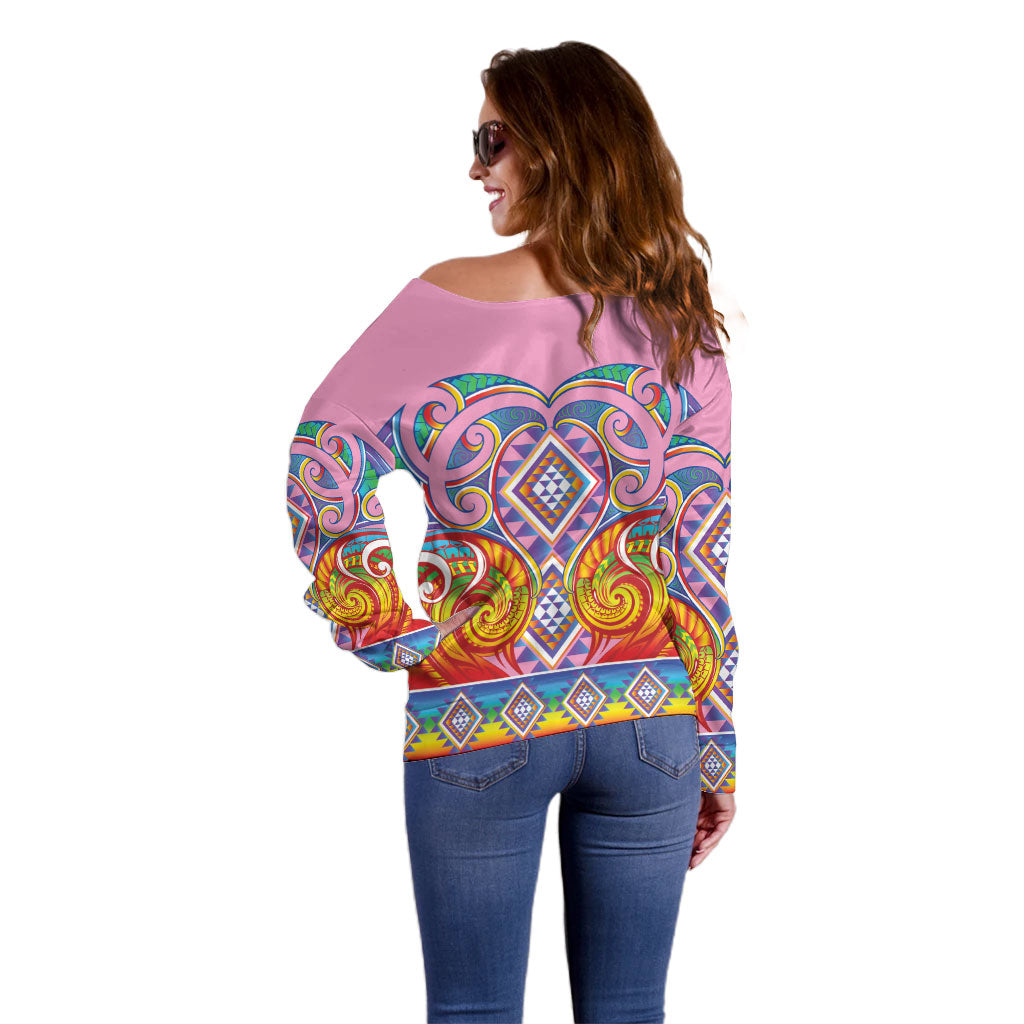 Rainbow Ngaru Taniko With Aotearoa Maori Tattoo Off Shoulder Sweater