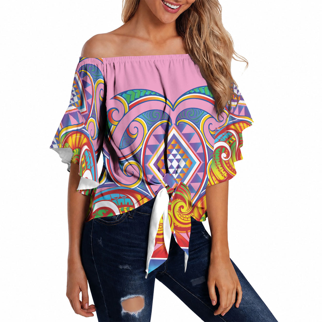 Rainbow Ngaru Taniko With Aotearoa Maori Tattoo Off Shoulder Wrap Waist Top
