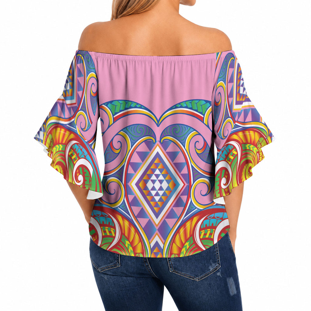 Rainbow Ngaru Taniko With Aotearoa Maori Tattoo Off Shoulder Wrap Waist Top