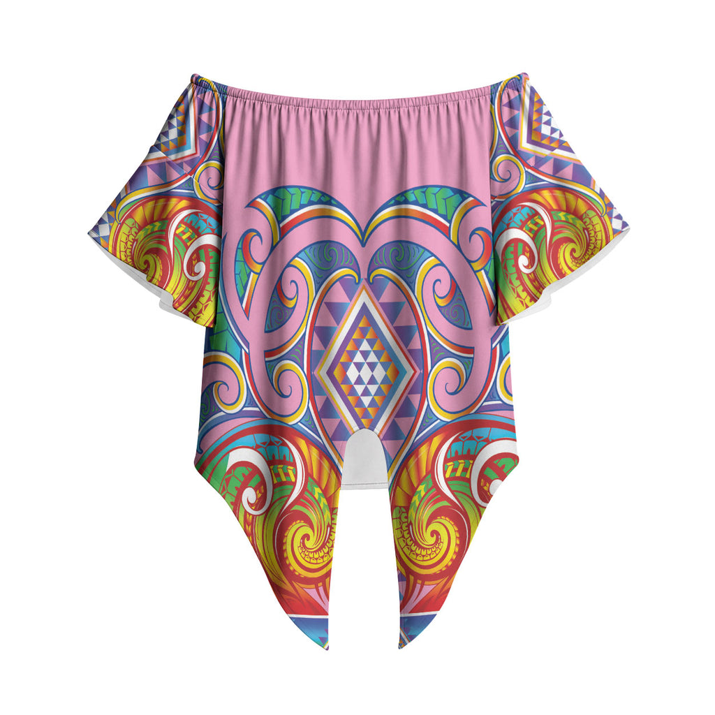 Rainbow Ngaru Taniko With Aotearoa Maori Tattoo Off Shoulder Wrap Waist Top
