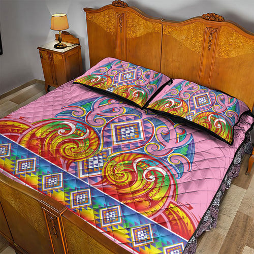 Rainbow Ngaru Taniko With Aotearoa Maori Tattoo Quilt Bed Set
