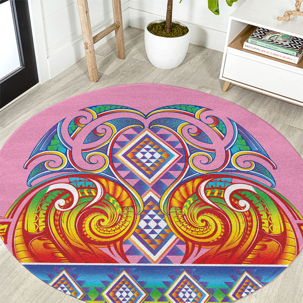 Rainbow Ngaru Taniko With Aotearoa Maori Tattoo Round Carpet