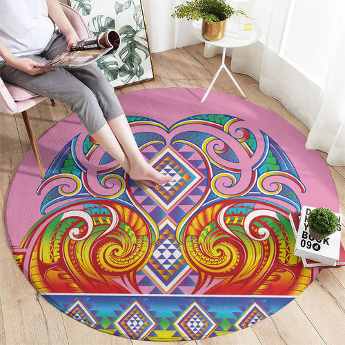 Rainbow Ngaru Taniko With Aotearoa Maori Tattoo Round Carpet