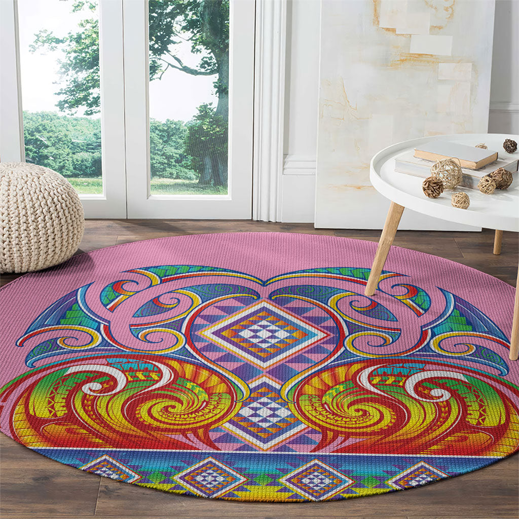 Rainbow Ngaru Taniko With Aotearoa Maori Tattoo Round Carpet