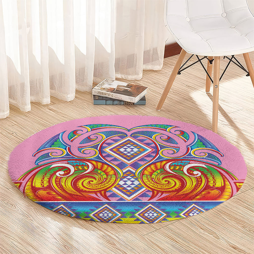 Rainbow Ngaru Taniko With Aotearoa Maori Tattoo Round Carpet