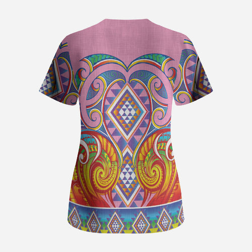 Rainbow Ngaru Taniko With Aotearoa Maori Tattoo Scrub Top