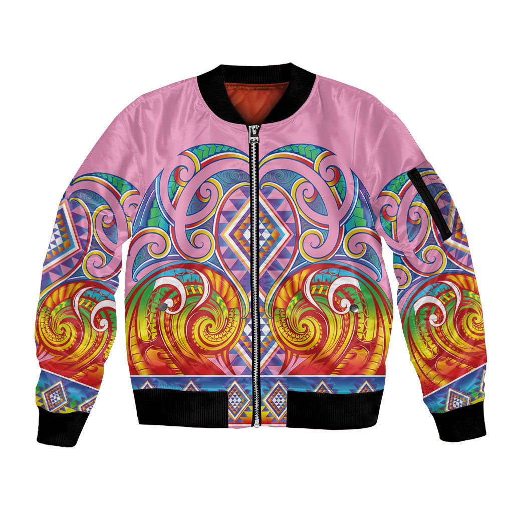 Rainbow Ngaru Taniko With Aotearoa Maori Tattoo Sleeve Zip Bomber Jacket