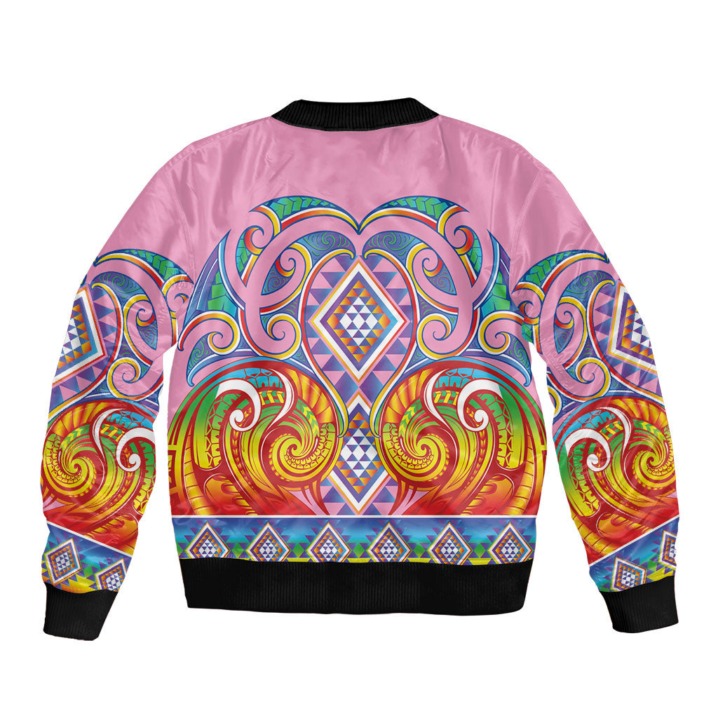 Rainbow Ngaru Taniko With Aotearoa Maori Tattoo Sleeve Zip Bomber Jacket