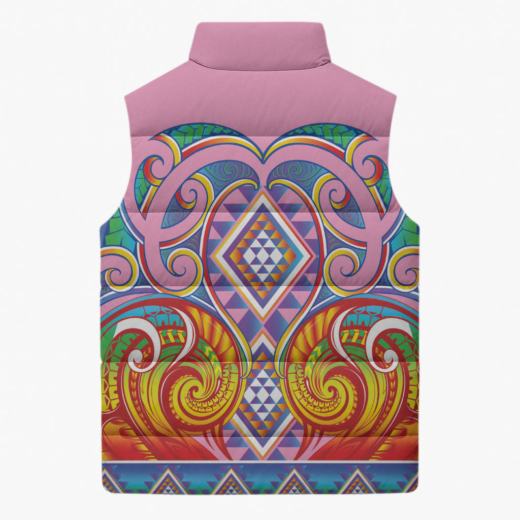 Rainbow Ngaru Taniko With Aotearoa Maori Tattoo Sleeveless Puffer Jacket