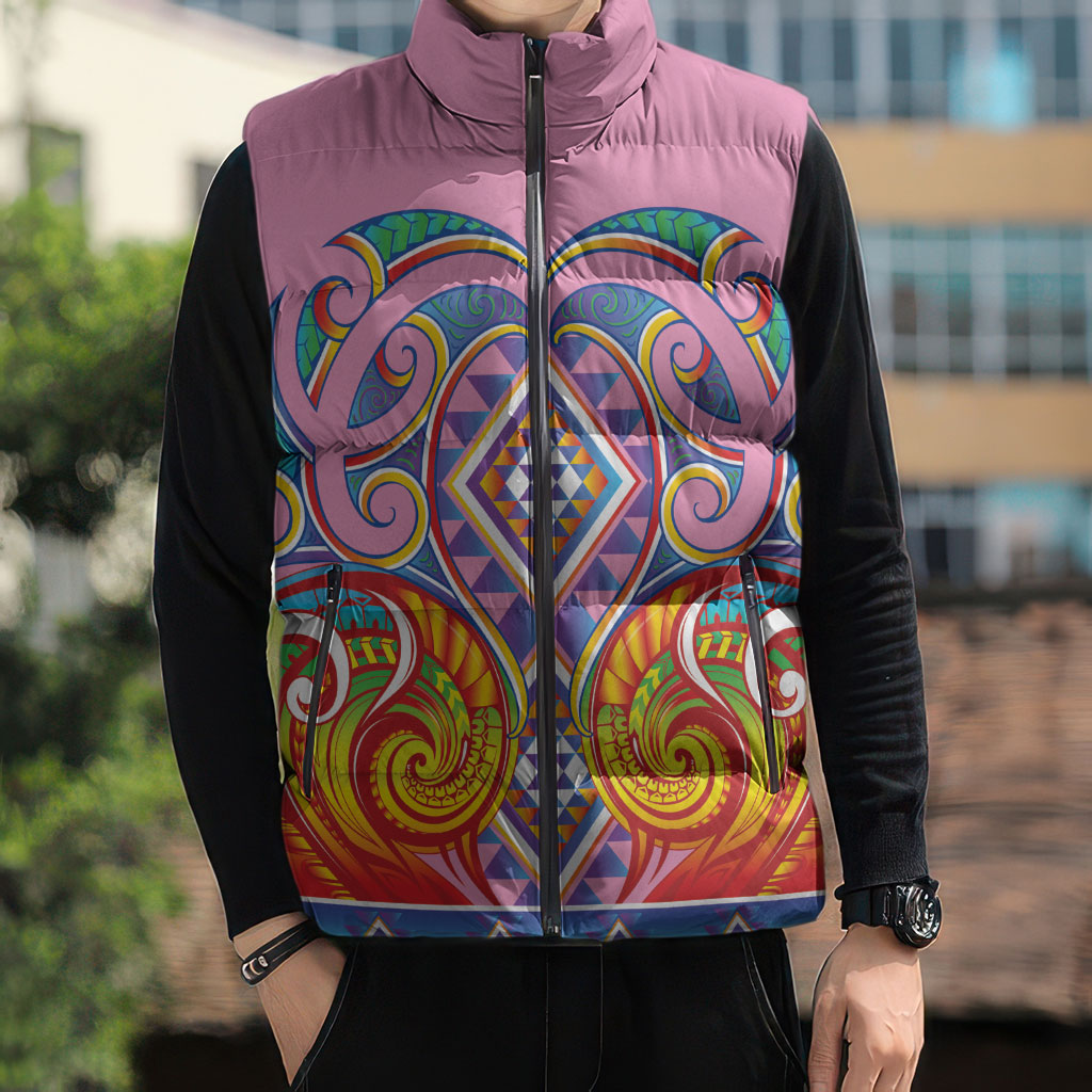 Rainbow Ngaru Taniko With Aotearoa Maori Tattoo Sleeveless Puffer Jacket