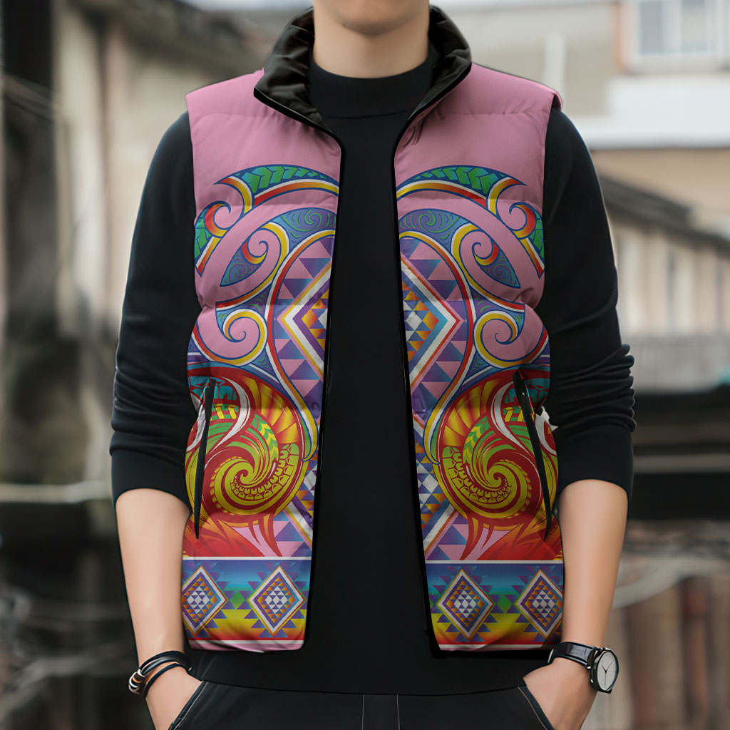 Rainbow Ngaru Taniko With Aotearoa Maori Tattoo Sleeveless Puffer Jacket