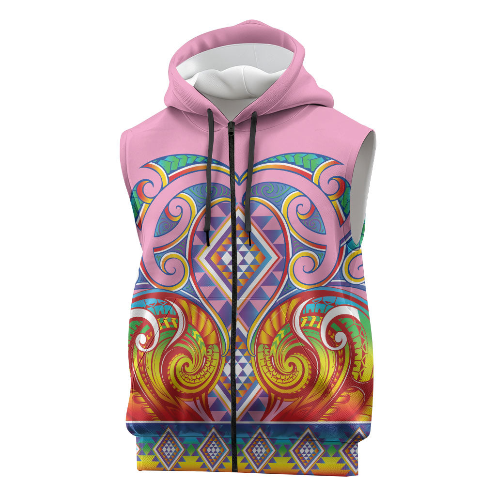 Rainbow Ngaru Taniko With Aotearoa Maori Tattoo Sleeveless Zip Hoodie