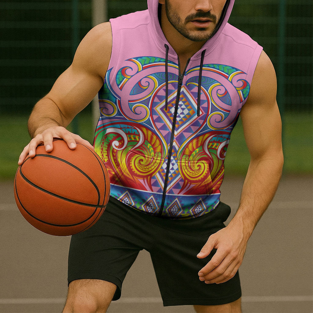 Rainbow Ngaru Taniko With Aotearoa Maori Tattoo Sleeveless Zip Hoodie