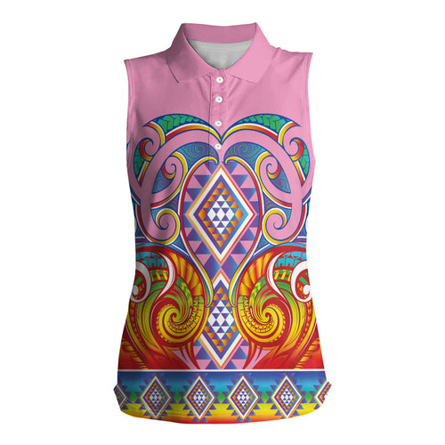Rainbow Ngaru Taniko With Aotearoa Maori Tattoo Women Sleeveless Polo Shirt