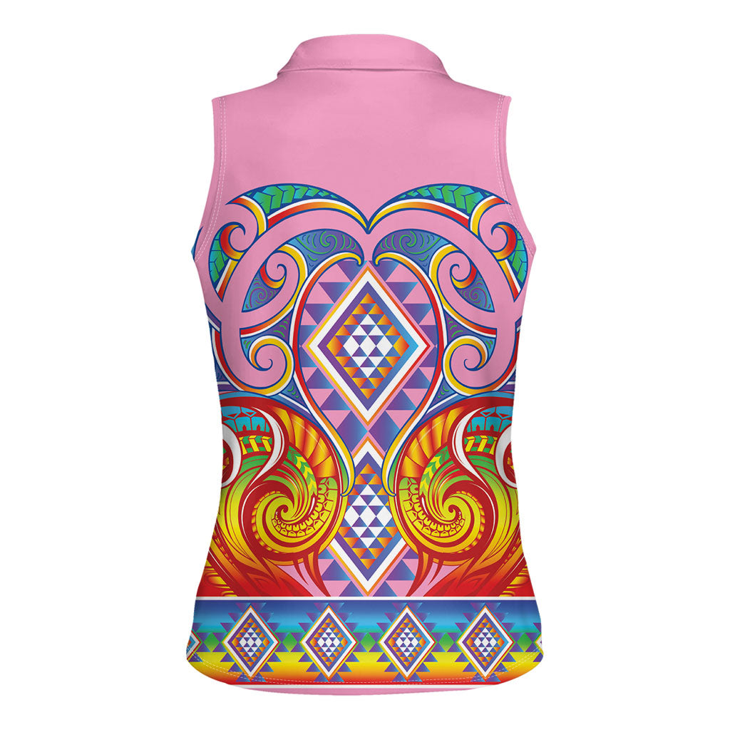 Rainbow Ngaru Taniko With Aotearoa Maori Tattoo Women Sleeveless Polo Shirt