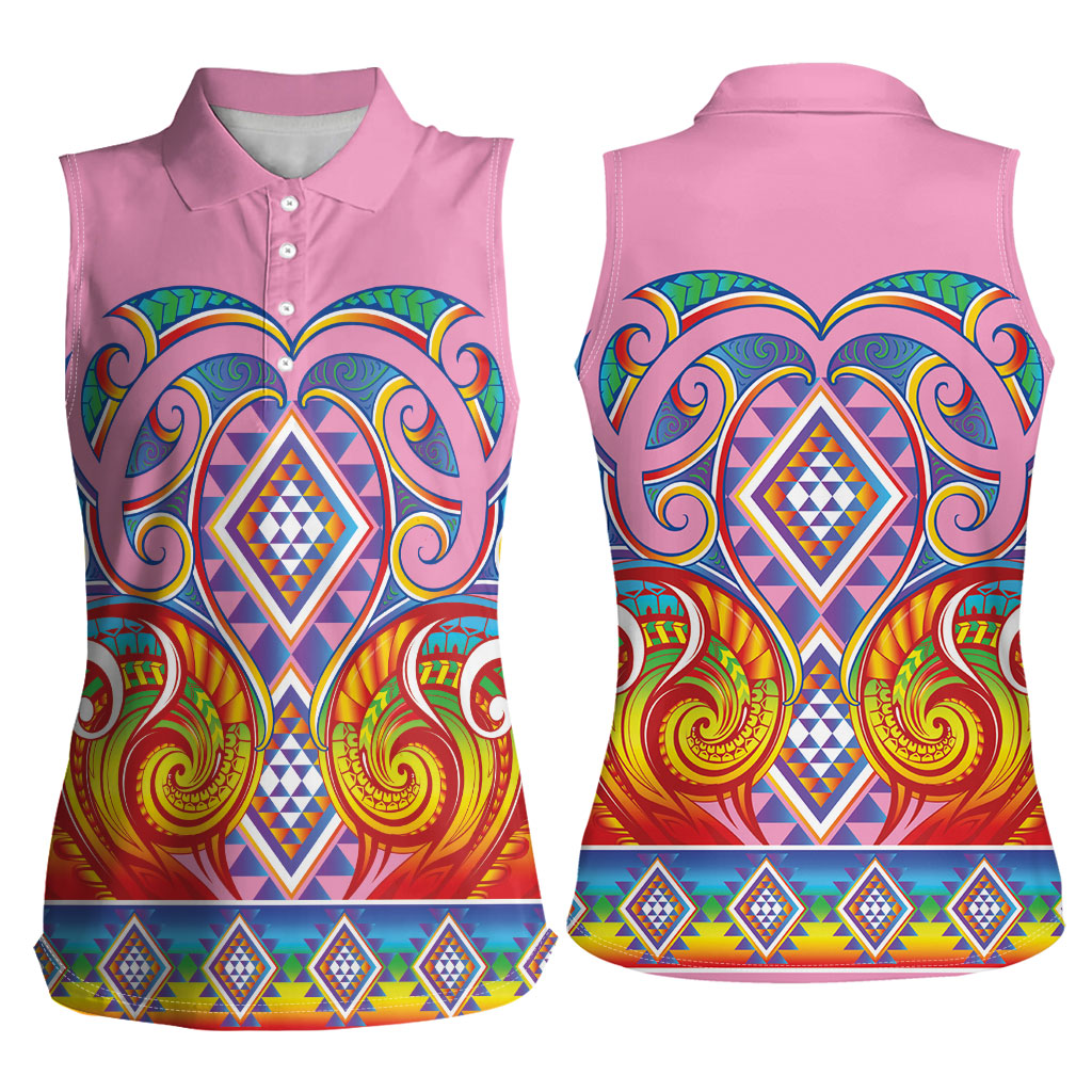 Rainbow Ngaru Taniko With Aotearoa Maori Tattoo Women Sleeveless Polo Shirt