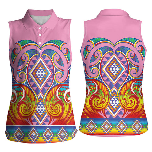 Rainbow Ngaru Taniko With Aotearoa Maori Tattoo Women Sleeveless Polo Shirt