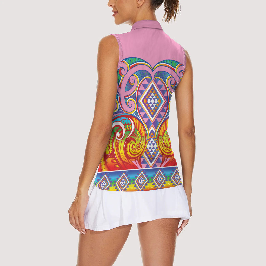 Rainbow Ngaru Taniko With Aotearoa Maori Tattoo Women Sleeveless Polo Shirt