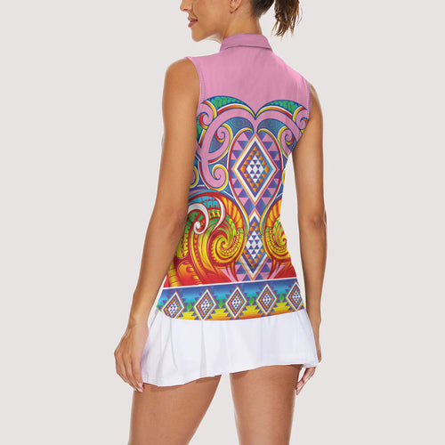 Rainbow Ngaru Taniko With Aotearoa Maori Tattoo Women Sleeveless Polo Shirt